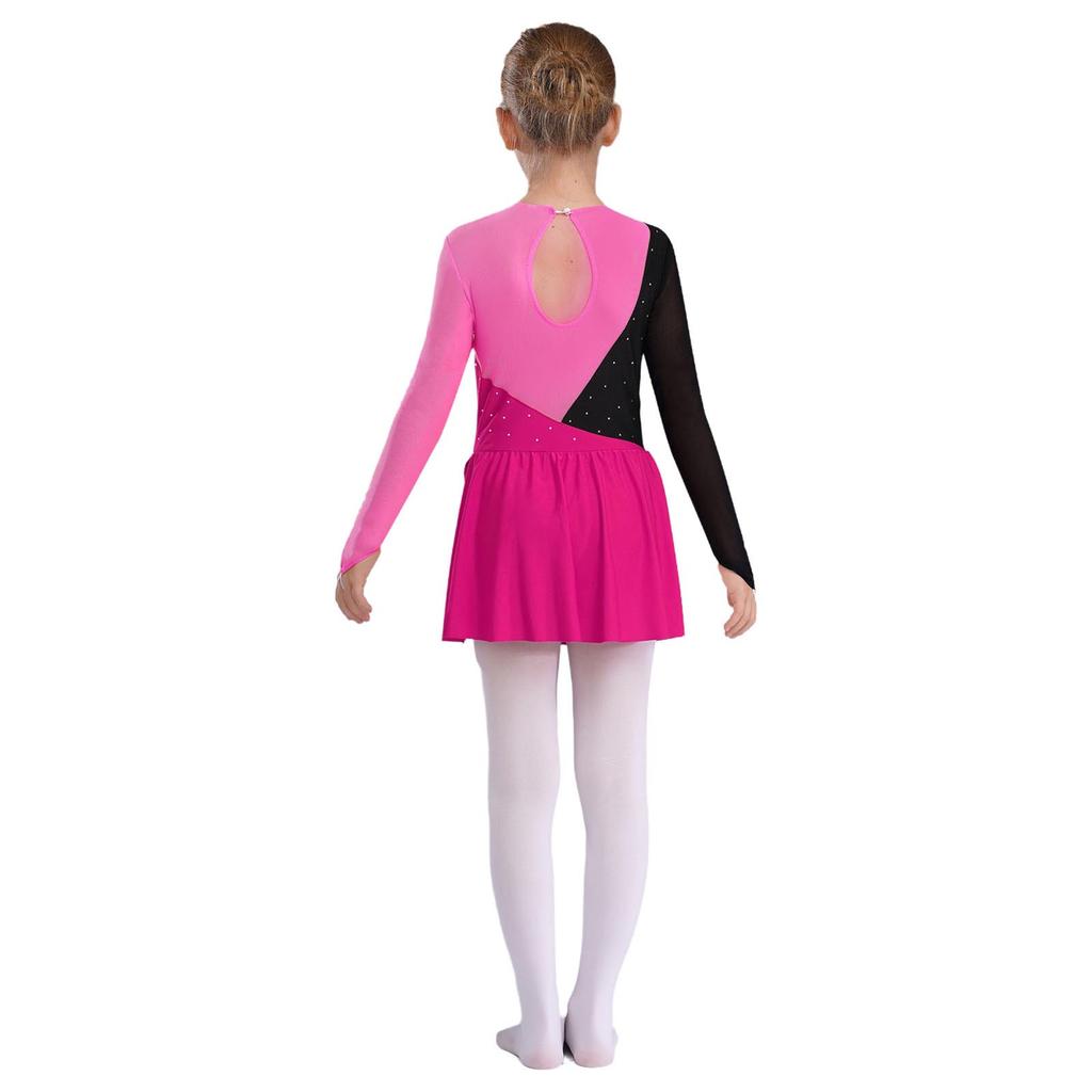 Girls Contrast Color Rhinestone Long Sleeve Dress Hollow Back Design Skating Dance Performance Gown