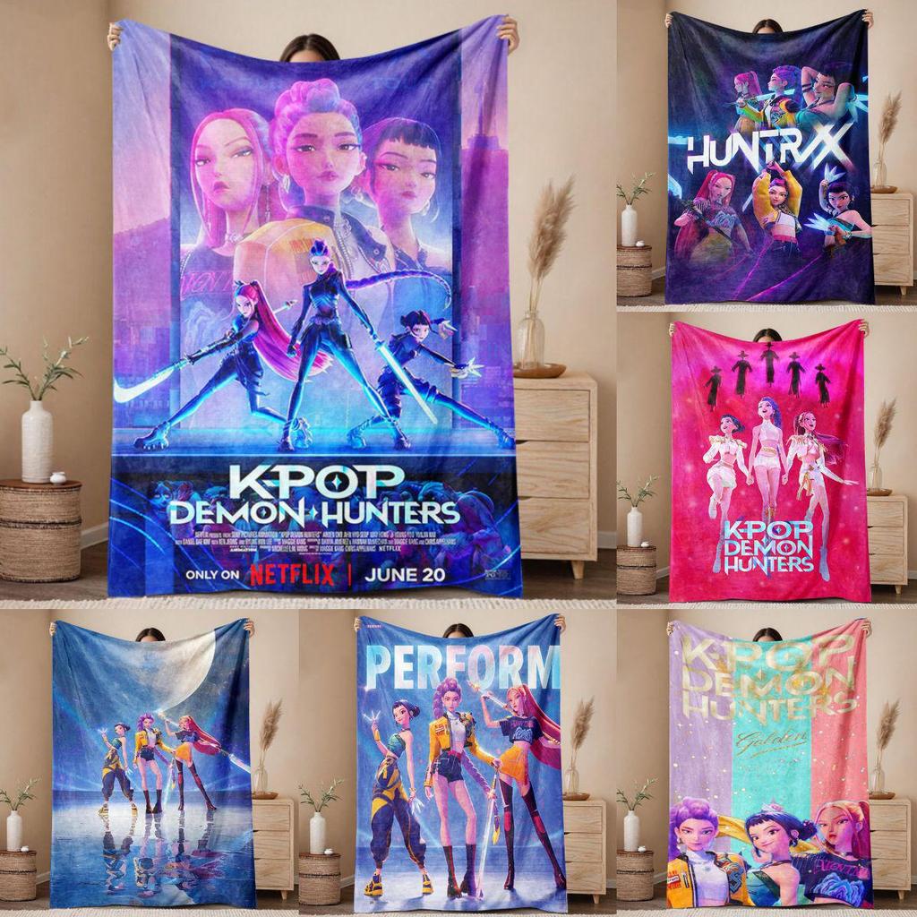 KPop Demon Hunters Cartoon Flannel Blanket - Cozy Throw for Sofa and Naps