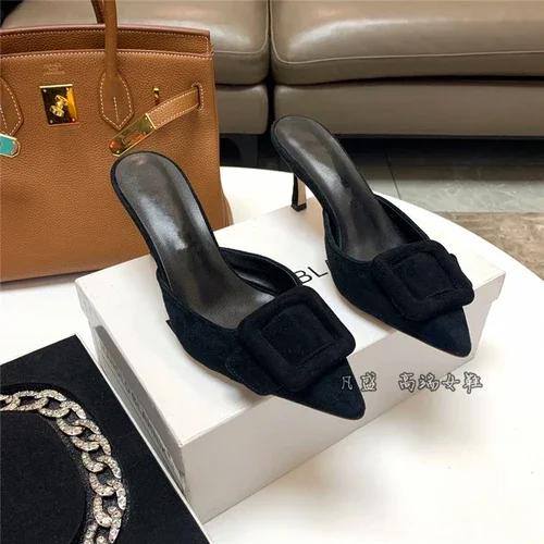 2024 New Muller Shoes Women's Shallow Mouth Pointed Toe Middle Heel Square Buckle Stiletto Baotou Women's Half Slippers
