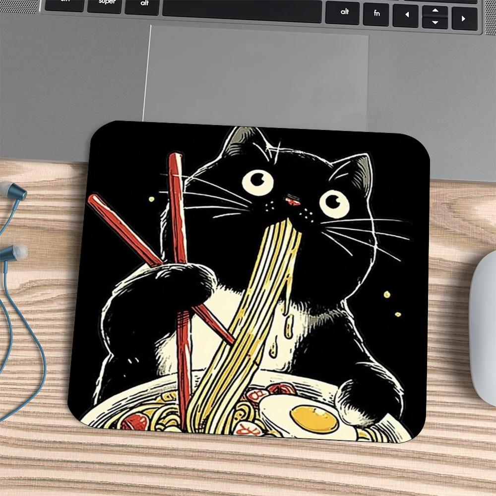 Square Mouse Pad Vintage Japanese Black Cat Ramen Print Stitched Edge Anti‑Slip Rubber Desk Mat for Gaming Working Home Office
