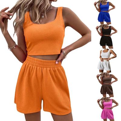 Women's Knitted Sleeveless Fashion Casual Solid Color Suit Women's Short Sleeved Casual T-shirt Shirt Shorts