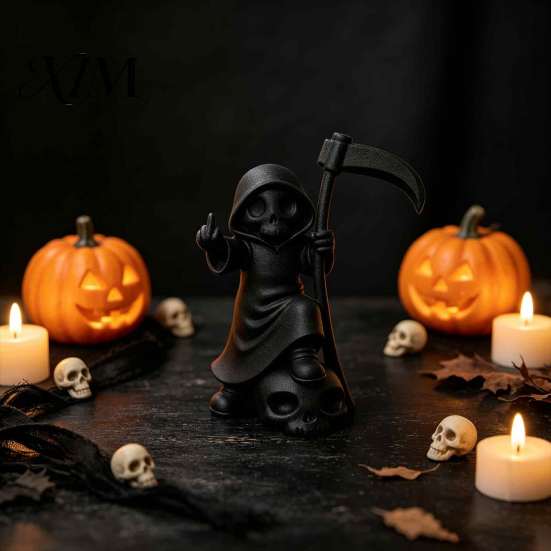 Schwarz Weiß Skulptur 3D Gedruckte Niedliche Sensenmann Figur, Skelett Kleine Statue mit Gotischem Schreibtisch Ornament Sense & Totenkopf Basis, Lustiges Halloween