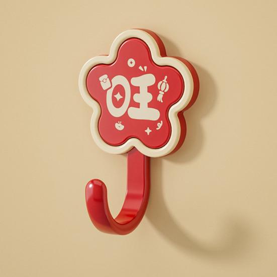 4Pcs Red Flower Adhesive Hooks Good Luck Bathroom Hooks Chinese Style Wall Hooks for Coats Hats Keys Kitchen Entryway