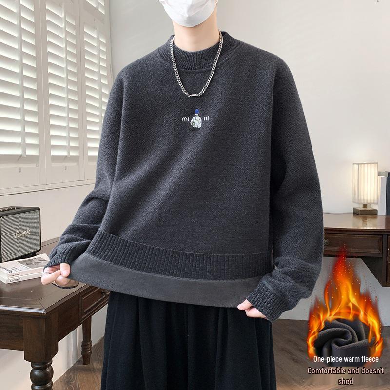 KM1023 Winter Plus Velvet High Neck Embroidered Men's Sweater - Thickened Base Layer Knitwear.