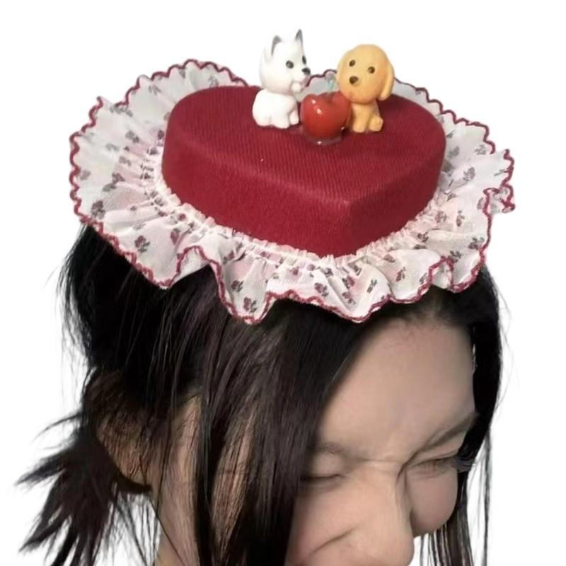

Lovely Heart Shape Hair Barrettes For Adult Kids Breathable Fabric Lace Trim Hat Hair Clip Party Photography Accessory 1 красный