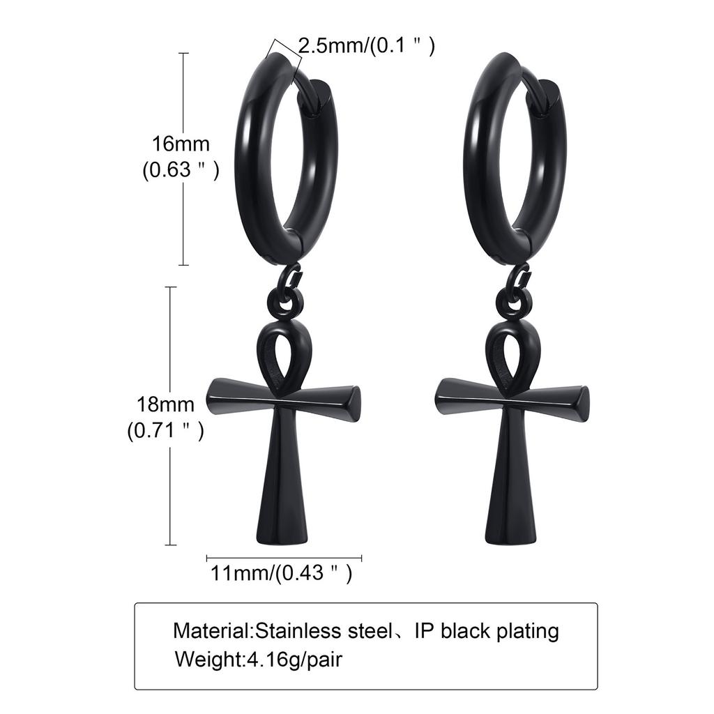 Vnox Ancient Egyptian Ankh Cross Earrings for Men, Stainless Steel Geometric Hoop Huggie Jewelry Gifts, Faith Ankh Stud Earring