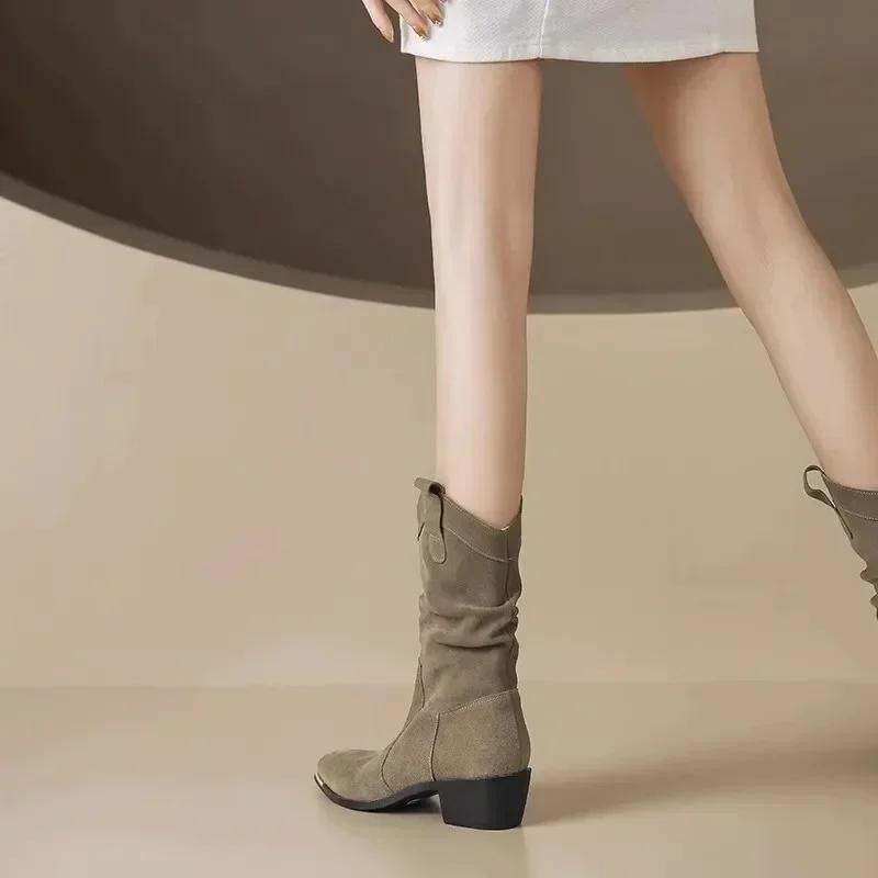 Dames Plissé Hoge Hakken Laarzen Puntige Neus Denim Enkellaarsjes voor Dames Herfst Winter Mode Retro Westerse Cowgirl Botas