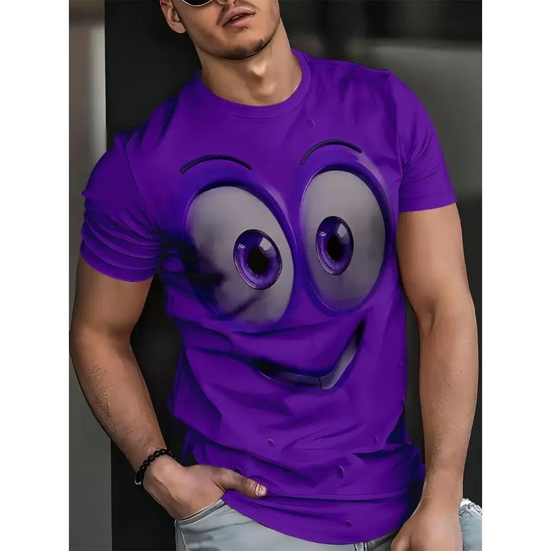 Summer Round Neck Cartoon Face Graphic 3D Print T-shirts Fashionable Casual Short Sleeved Men's T-shirts