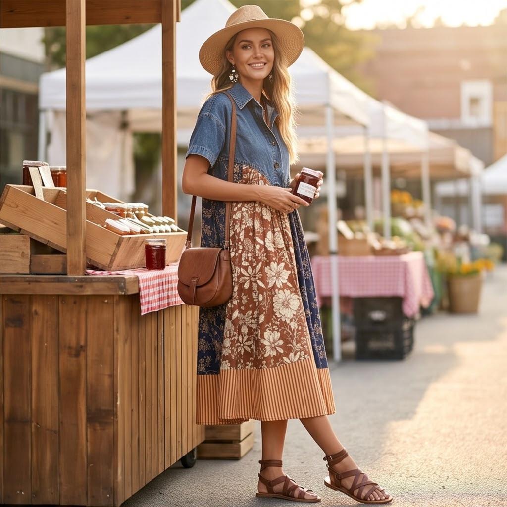 Damen Denim Patchwork Bedrucktes Lässiges Lockeres Maxikleid