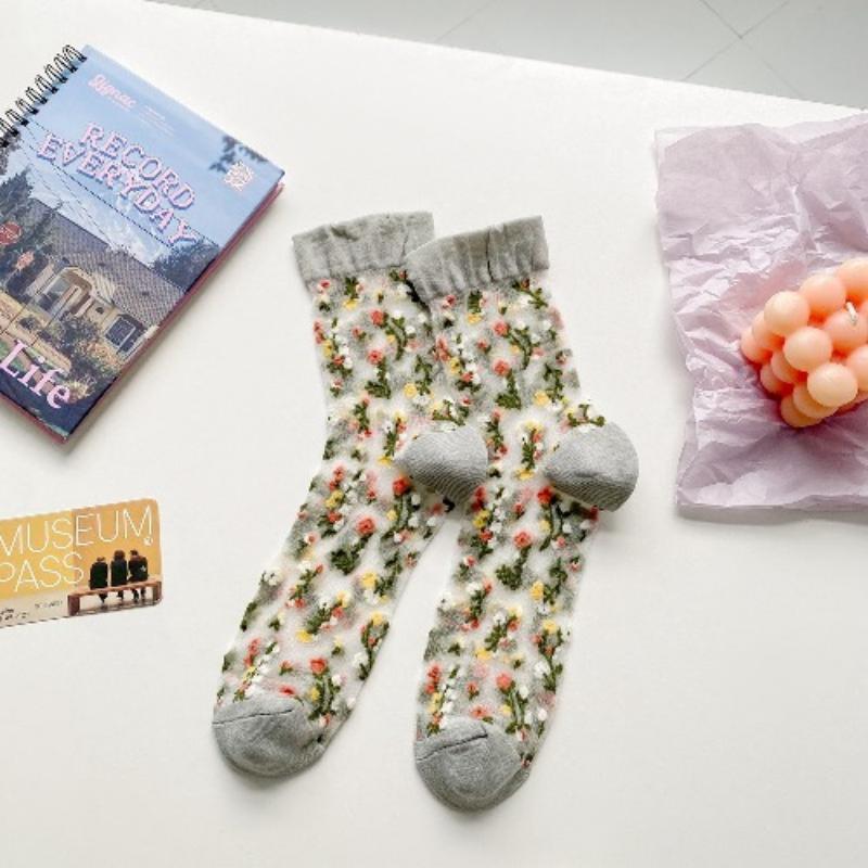 Ultra-thin Transparent Crystal Silk Socks Women Fashion Summer Harajuku Crew Socks Retro Flower Streetwear Elastic Long Socks