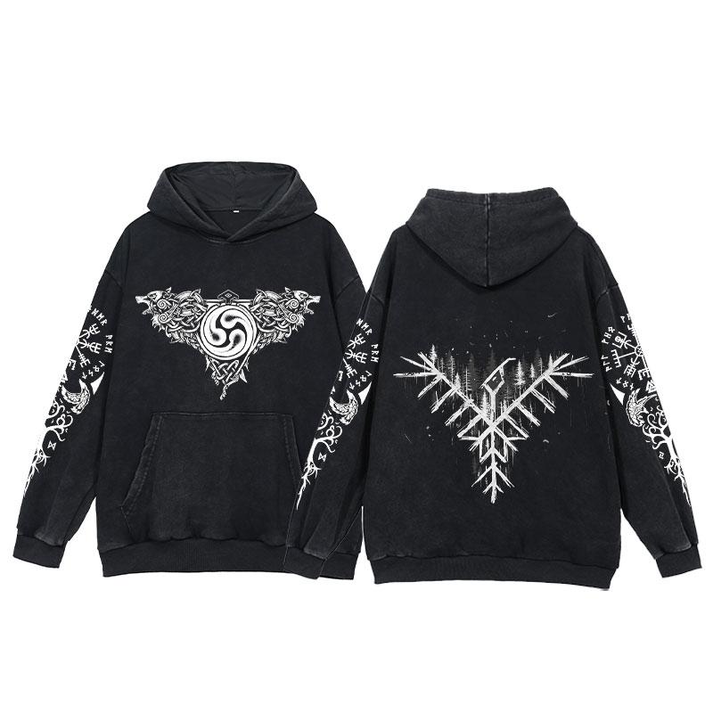 2024 Vikingové Mikiny Pánské Potisk Tetování Kyselý Wash Mikina Bavlna Volný Dlouhý Rukáv Pulovr Vintage Nadměrná Ležérní Mikina s Kapucí