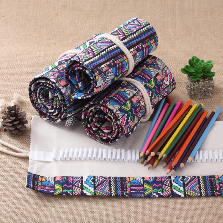 Colored Ethnic Style Geometric Pattern Pencil Canvas Storage Bag For Students