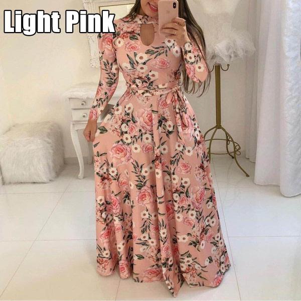 Fashion Women Casual Long Sleeve Dress Maxi Dresses High Waist Flower Dress Party Dress