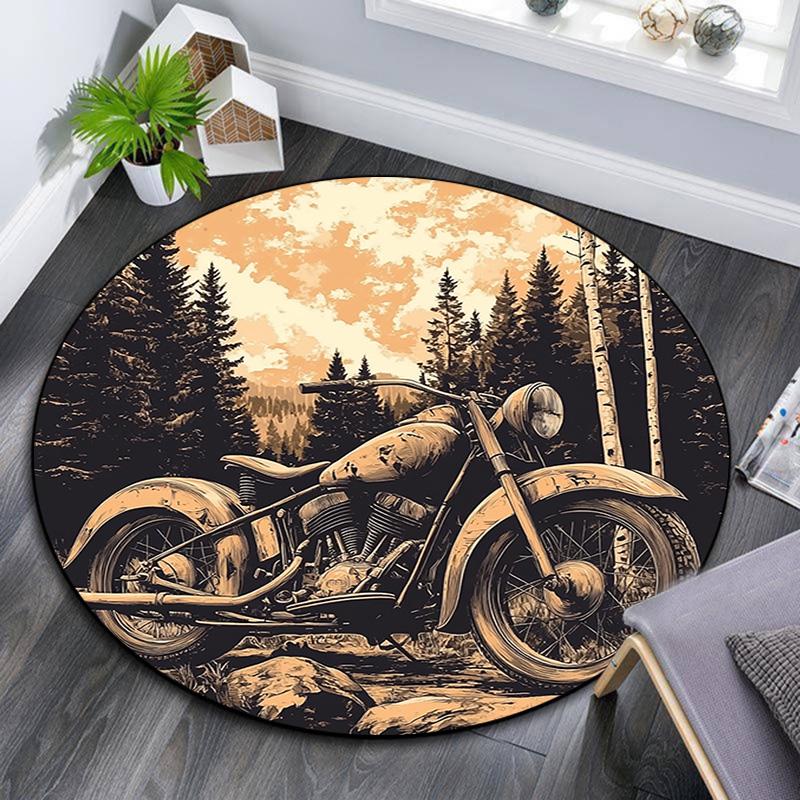 Vintage Motorcycle Round Area Rug,Carpet Rug for Living Room Bedroom Sofa Playroom Decor,Non-slip Floor Mat