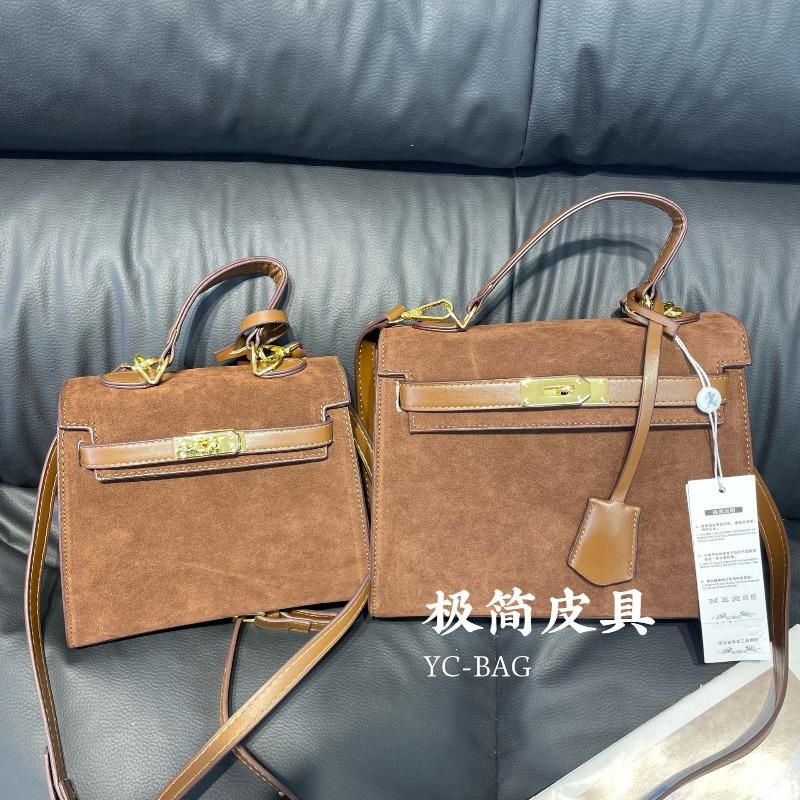 Vintage Matte Portable Suede Kelly Bag Velvet Platinum Bag Autumn and Winter New Fashion Shoulder Ellyag