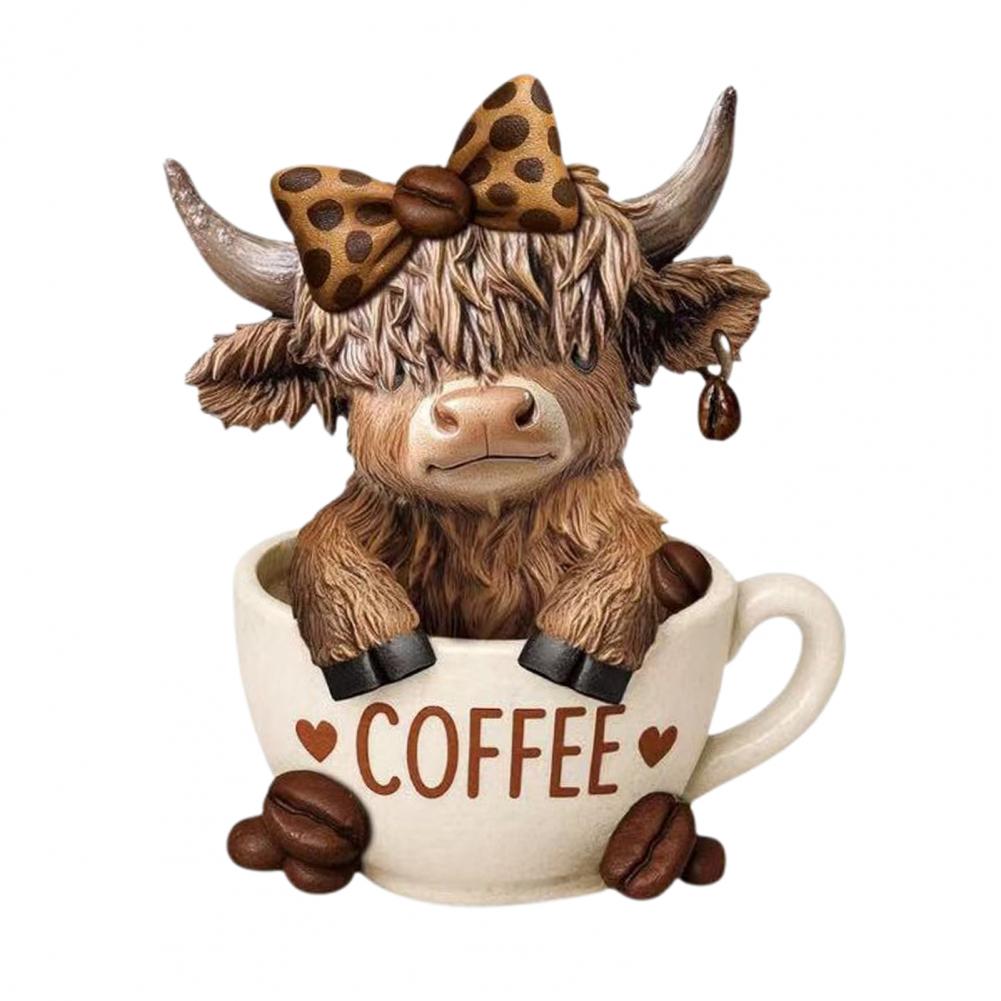 Resin Cow Figurine Highland Cow Statue Highland Cow Coffee Cup Figurine Set Resin Sculpture Decoration for Calf for Coffee