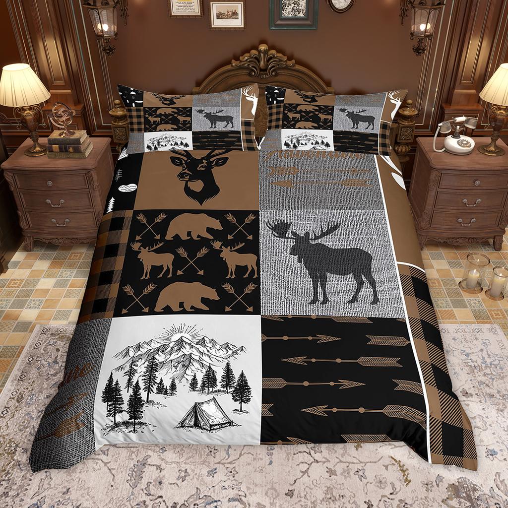 Homewish Rustic Farmhouse Plaid Duvet Cover Set Moose Bear Checkered Bedding Set Retro Cabin Lodge Comforter Cover Set