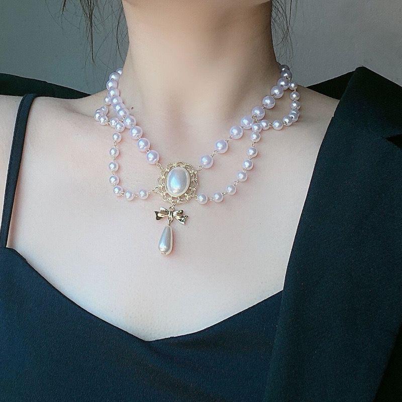 

French-Style Fairy Crystal Pearl Tassel Necklace with Moonstone - Vintage Hanfu Clavicle Chain