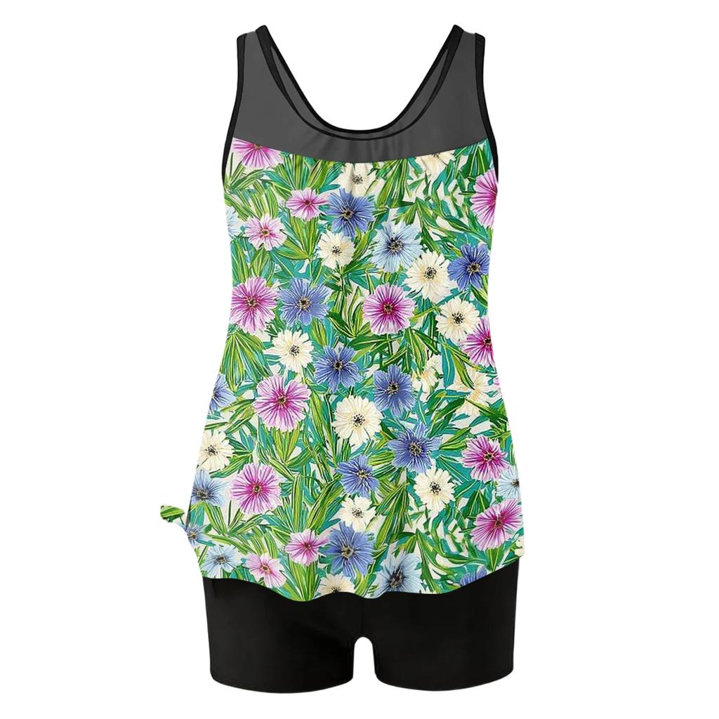 Women’s Sleeveless Tankini Set with Leaf Print Top and Solid Shorts for Swimming Beach and Pool Activities Comfortable Fit