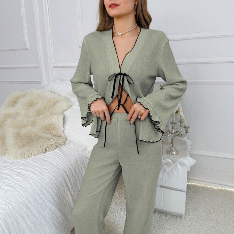 Design Inspired Sleepwear Women's Solid Color V-belt Cardigan Light Luxury Long Sleeved Home Suit Set, Casual, Breathable and Comfortable