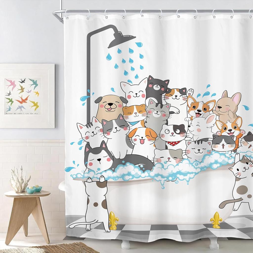 Cute Cat And Dog Shower Curtain, Cartoon Corgi Pet Pattern Fabric Bath Decor With 12 Hooks For Kids Bathroom Bathtub, 1Pc
