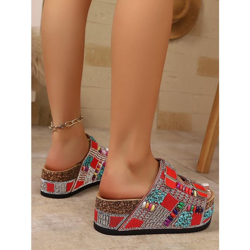 Cork Sandals 2025 Summer New Plus-size Rhinestone Belt Buckle for Women Wearing Platform Slippers