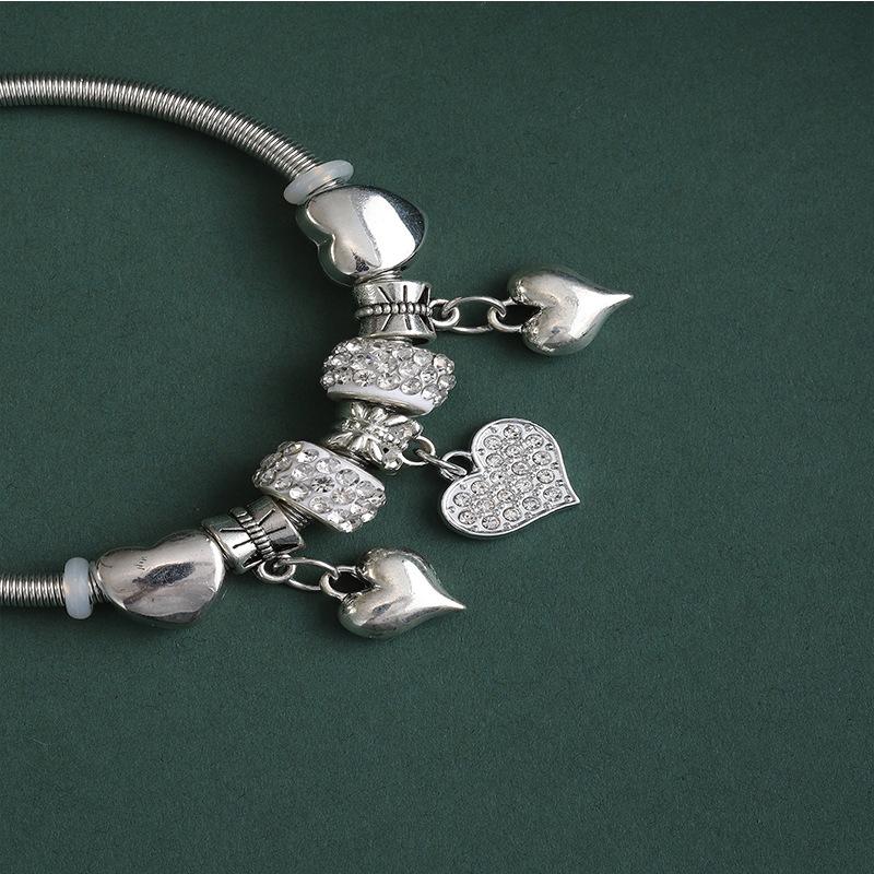 DIY Beaded Bracelet With Heart Charm Alloy Glued Crystal Spring Bangle Cross Over Diamond Ball Design