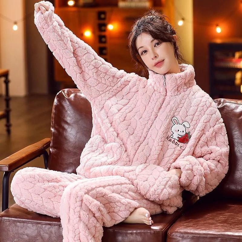 Winter Pajamas Ladies Coral Velvet Flannel Thickened Plus Sleepwear Women Household Clothing Set Famale Zipper Suit Outsidewear