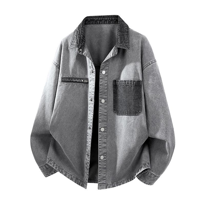 Men's Spring 2026 Retro Washed Cotton Jacket with Patchwork Lapel - Casual Trendy Outerwear