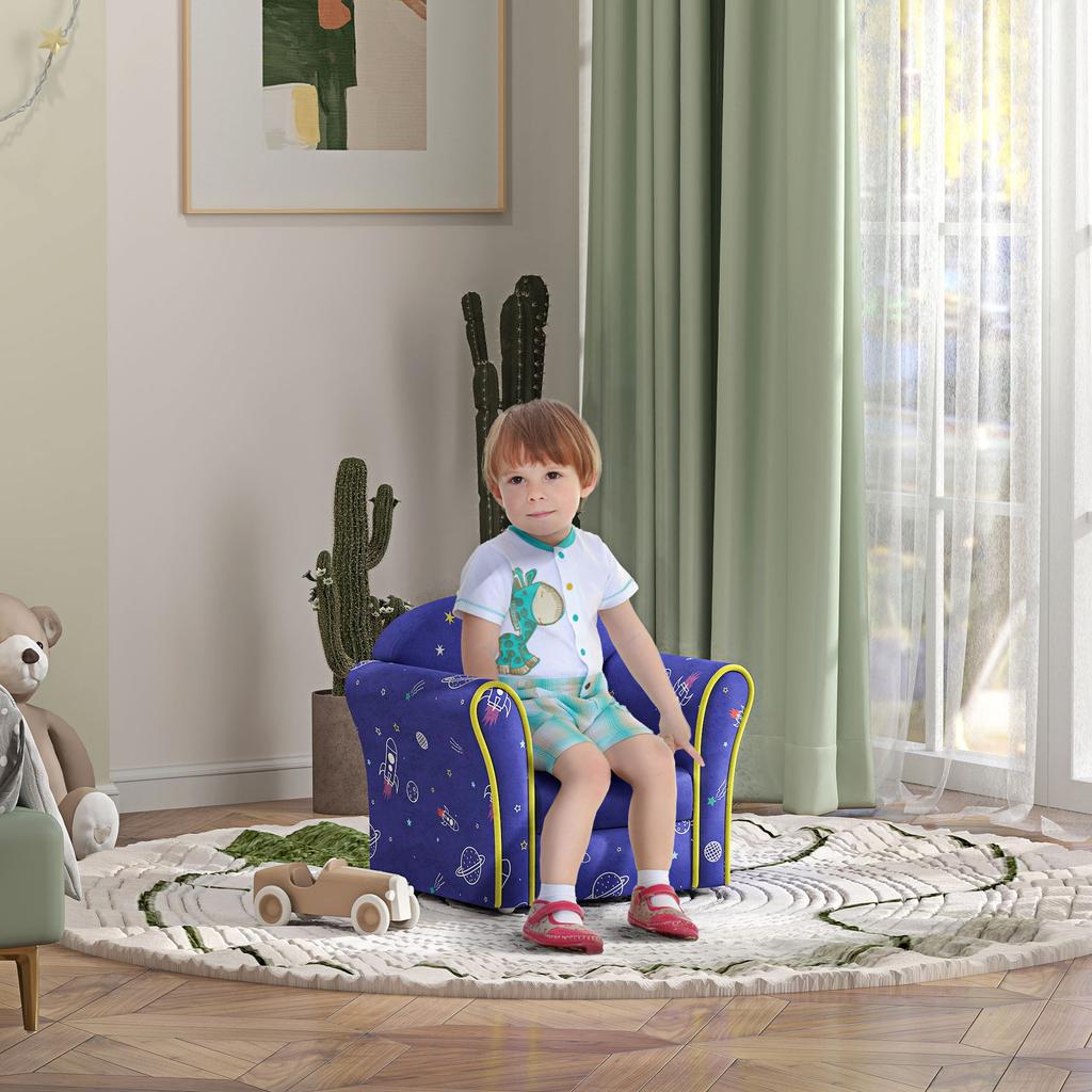 Kids Armchair with Planet Dinosaurs Design, Wooden Frame, for Bedroom, Playroom, Kids Room - Blue