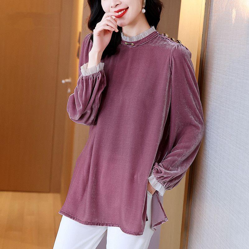 

Женская рубашка из золотого бархата, новый весенний стиль, свободный крой, высокое качество, однотонная, с грибовидным воротником, средней длины S фиолетовый