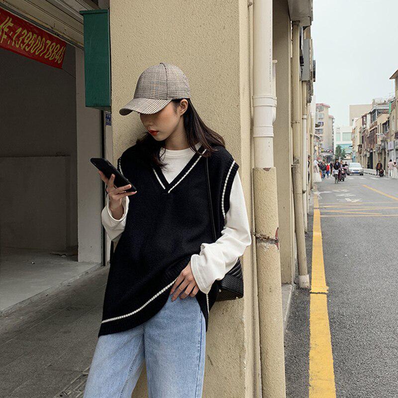Vest Patchwork Student V-neck Women Knitted Sweater Sleeveless Female Vintage