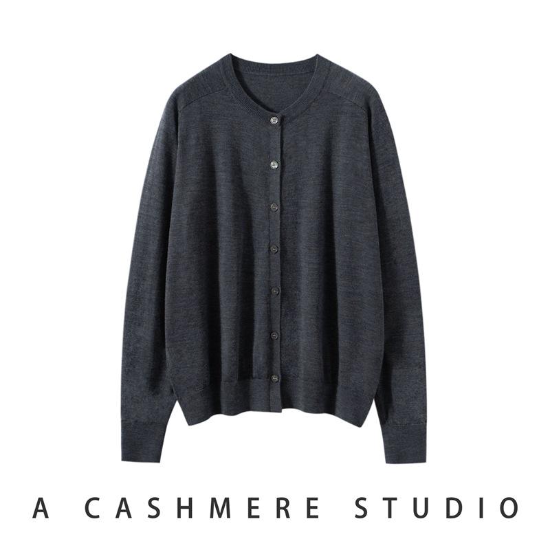 Women's 100% Pure Wool Saddle Shoulder Cardigan - Thin, Round Neck, Fine Knit, Long Sleeve for Simple Commute