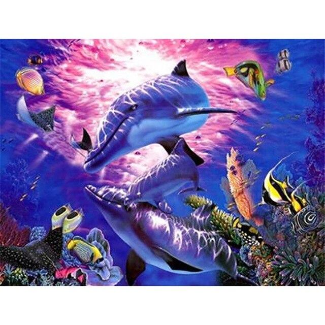 Animal Dolphins with Fish 5D Diy Diamond Painting Full Round Drill Mosaic Diamond Embroidery Rhinestones Home Decoration