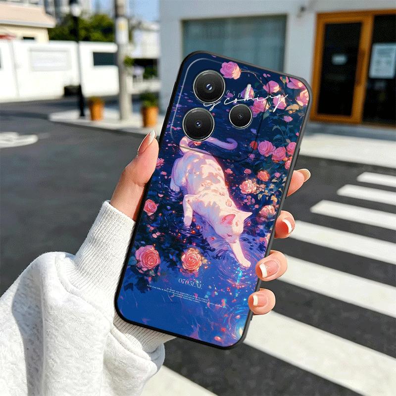 Night Moon Cat Dreamy Art Soft Phone Case for Xiaomi Redmi Note 12 13 14 15 Pro Plus 11 12S 11S 11T 10 4G Black Cover Back Shell