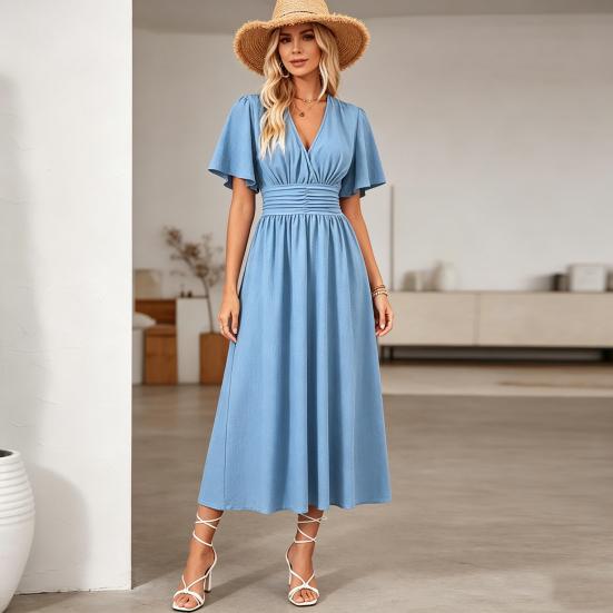 Women's Summer Dress, V Neck Short Sleeve Long Dress, Flowy A-line Slit Beach Sundress, Formal Cocktail Wedding Guest Dress