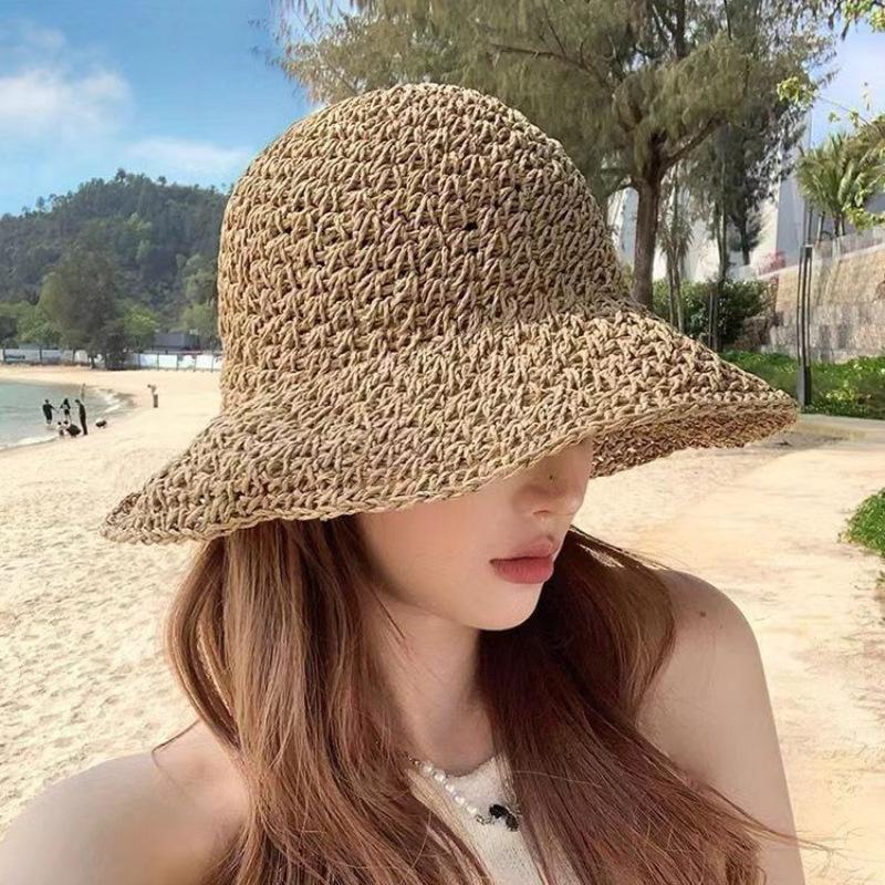 1pc Straw Women's Lace Bow Hollow Crochet Sun Cap,Summer Wide Brim Sunshade Panama Hat Fashion Foldable Beach Hat for Travel