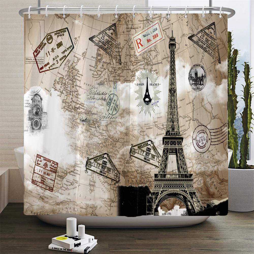 Retro Style 3d Print Shower Curtains Paris Tower Street View Telephone Booth Bath Curtain Waterproof Polyester Bathroom Curtain