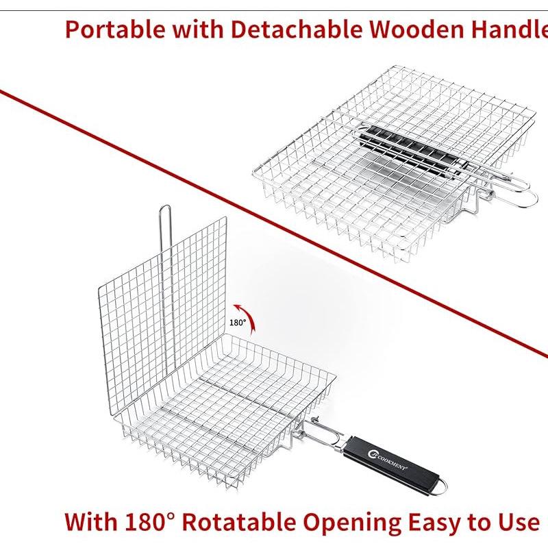 Stainless Steel Folding Handle BBQ Grill Clip for Fish, Meat & Vegetables
