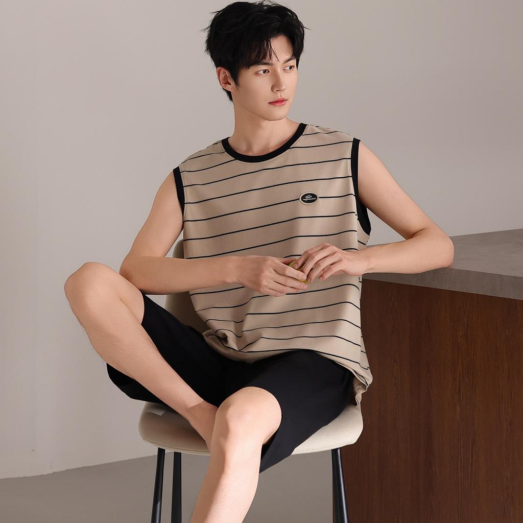 Pure cotton men's pajamas sleeveless vest men's suit 1011 summer new loungewear can be worn outside 100% cotton