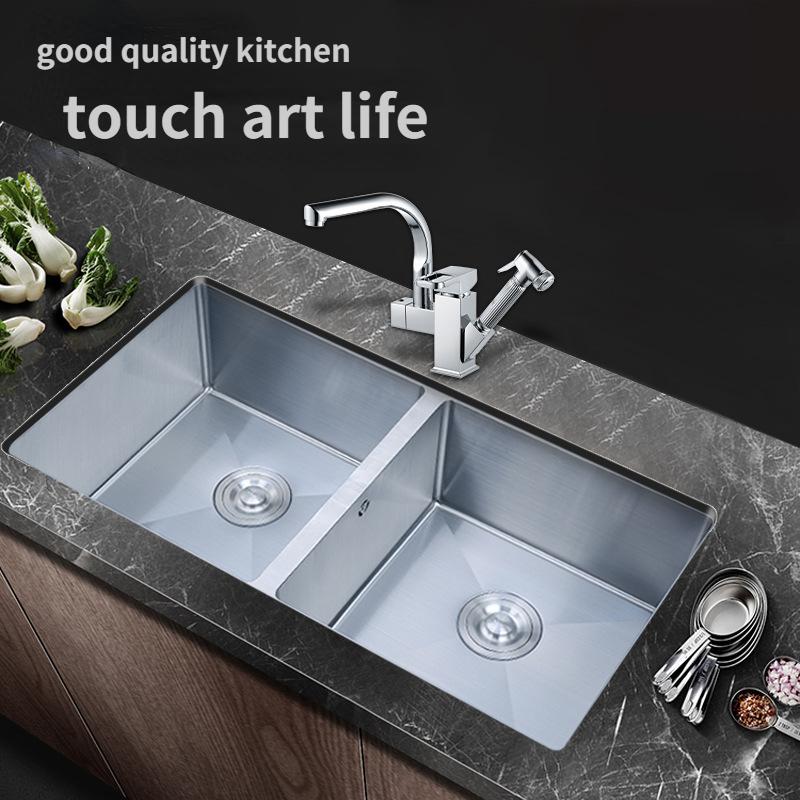 Manual Sink Kitchen Wash Basin Under The Table Basin 304 Stainless Steel Wash Basin Large Double-slot Embedded Pool Set
