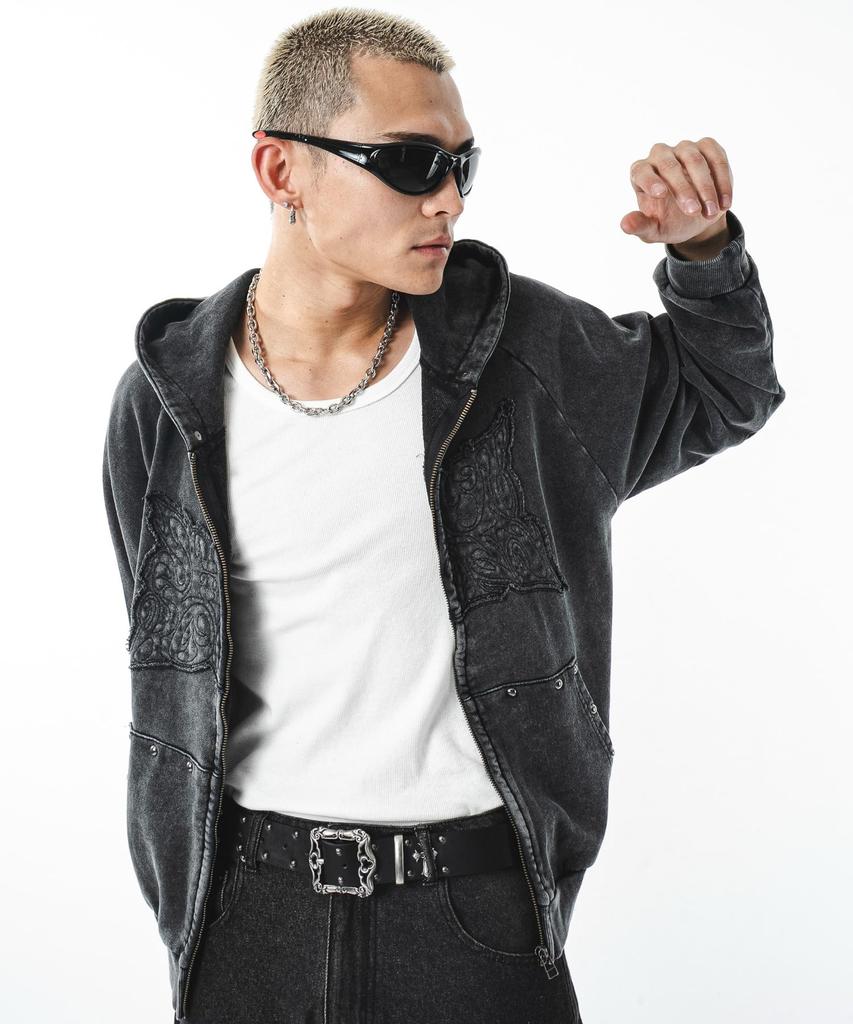 WEGO Powder Bleached Studded Zip Korean Size Sumikuro Men's Hoodie, Sweatshirt, Hooded, Autumn/Winter Clothing, Streetwear, Style, M,