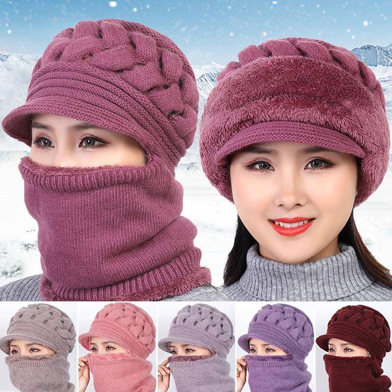 Wool Knitted Hat For Women Double Layers Protection Caps Coral Fleece Winter Hat Beanies Women's Hat Scarf Warm Breathable