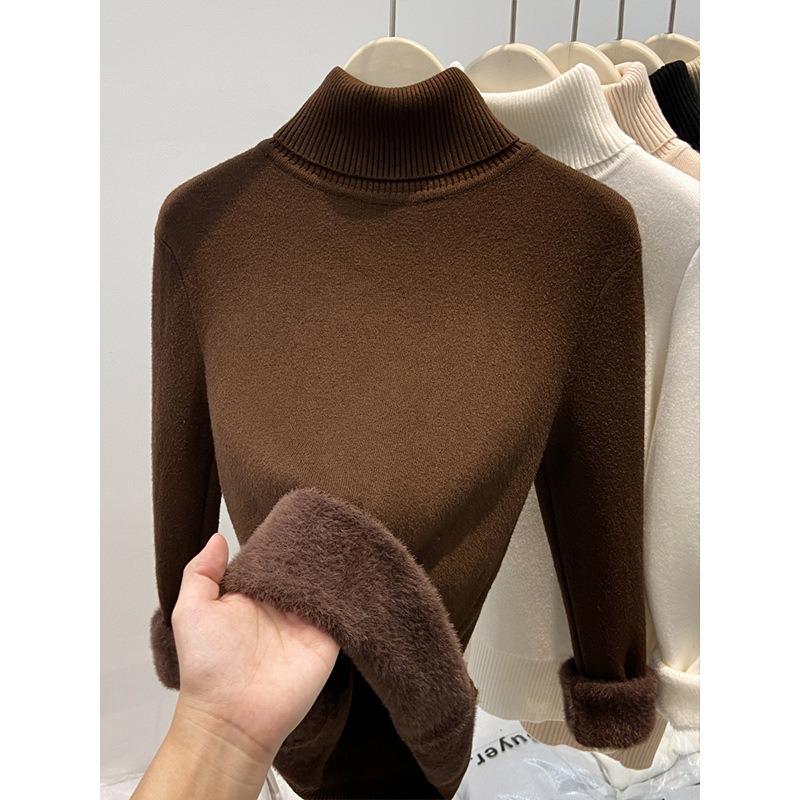 High-neck thickened warm integrated fleece sweater women's winter slim-fit knitted top fashionable basic bottoming shirt