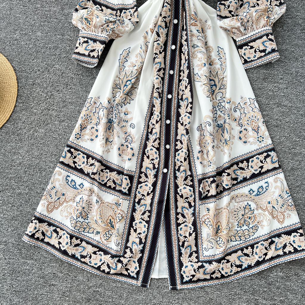 Spring Autumn Women Vintage Palace Print Single Breasted Ankle Length Holiday Party Shirt Dresses with Belt