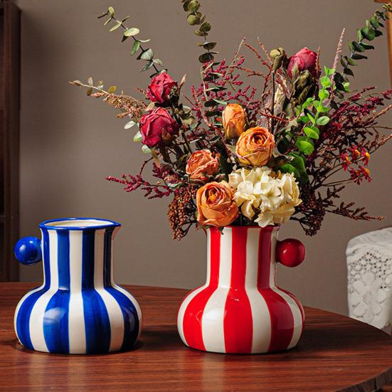 Painted Ceramic Vase Desktop Stripe Art Vase Decorative Flower Vase for Flower Arrangement Living Room Bedroom Decor