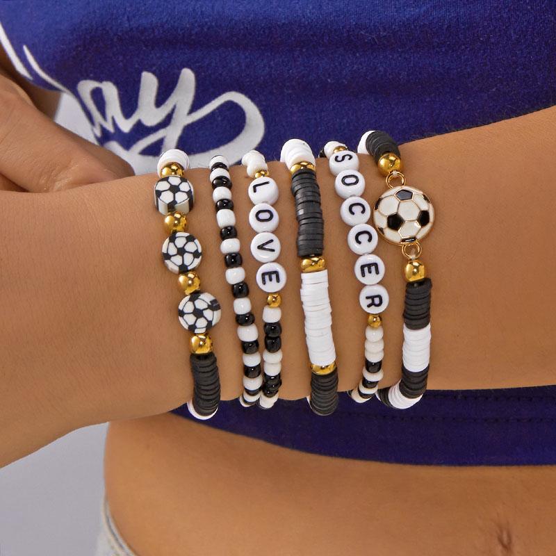 Football Theme Letter Ball Charms Hand Chains Girls Sports  Stackable Bracelet Colorful Polymer Clay Beaded Bracelets