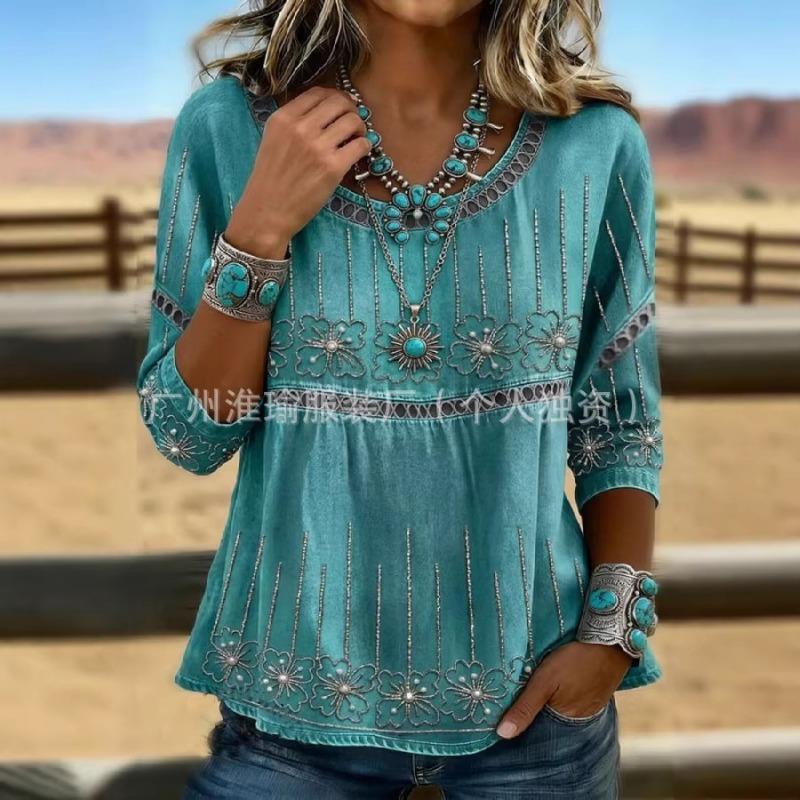 Top casual boho da donna con scollo a barca, cuciture traforate, stampa cachemire, manica 3/4, vestibilità ampia