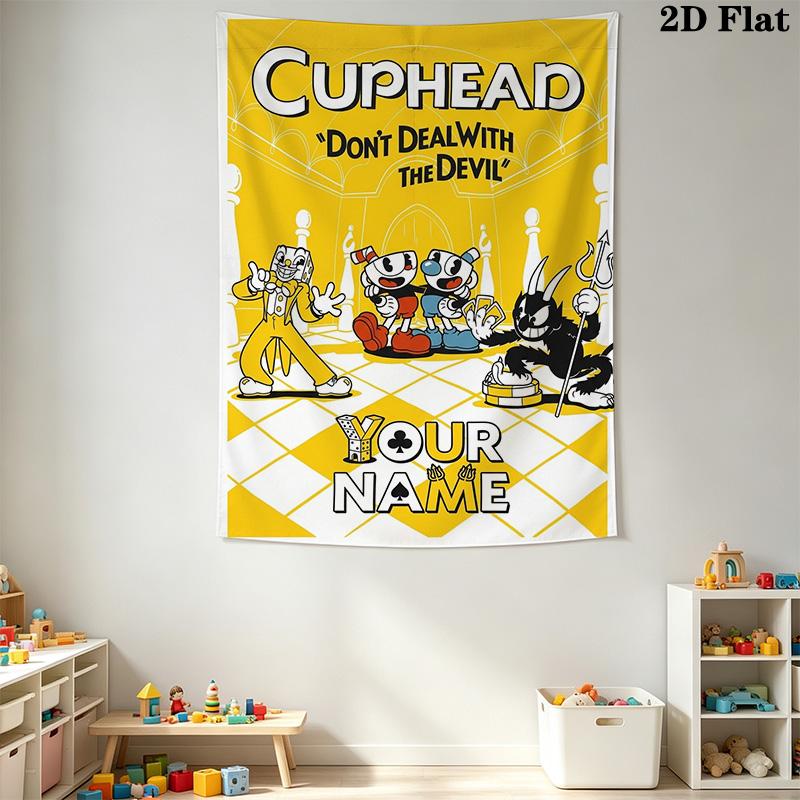 Name Custom Cuphead Wall Tapestry Aesthetic Wall Hanging Printed Fabric Blanket Decorative Tapestries for Bedroom Living Room Home Decor