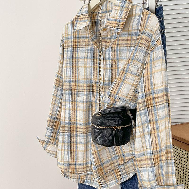 Kariertes Hemd Retro Lockeres Karomuster Modebluse Damen Frühling/Herbst Oberteil Premium Streetwear Lässige Oberbekleidung